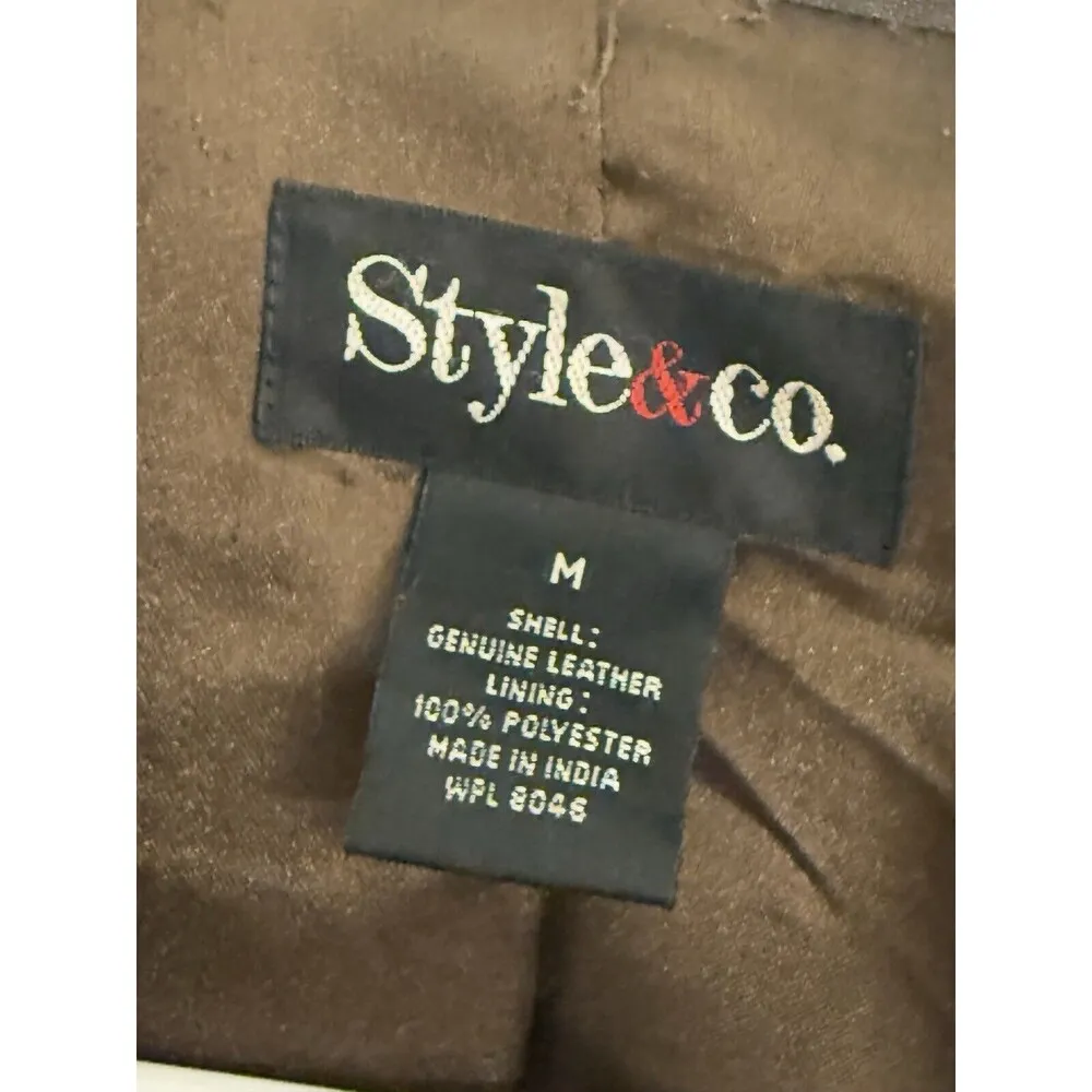 Style & Co. Womens Genuine Leather Jacket M Brown Snap Front Short - Image 2