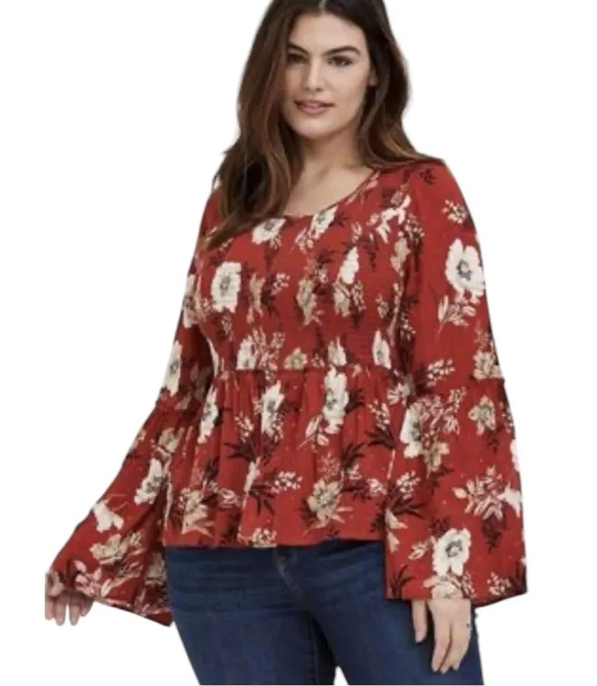 Torrid Rust Floral Smocked Peplum Blouse – Boho Chic Long Sleeve - Image 4