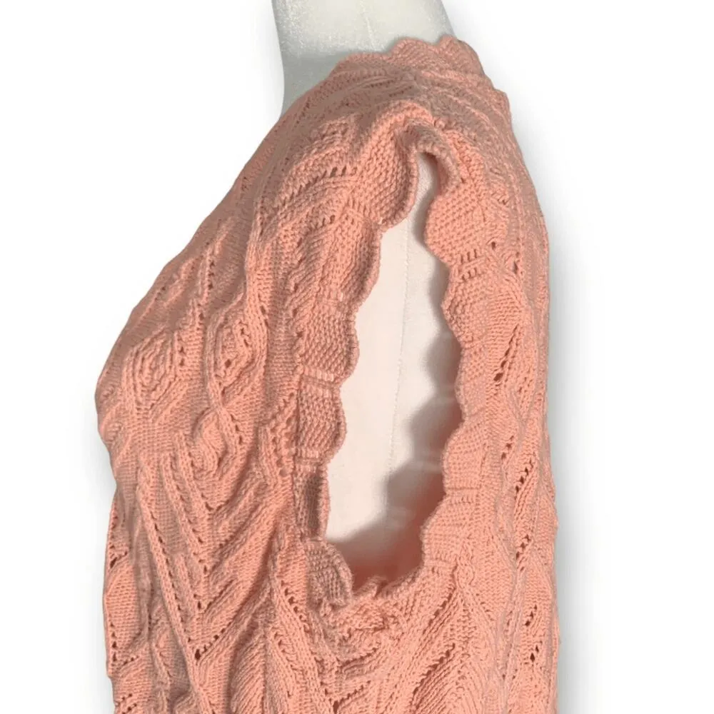 Vintage 90s Pink Knit Crochet Button Front Vest Sleeveless Scalloped Trim Medium - Image 7
