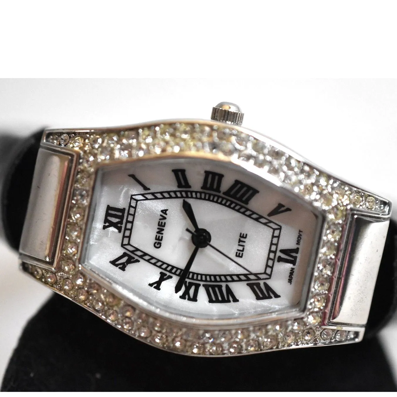 Mother Of Pearl Face Rhinestones Accent Geneva Elite Black 5" Cuff Watch - Image 2