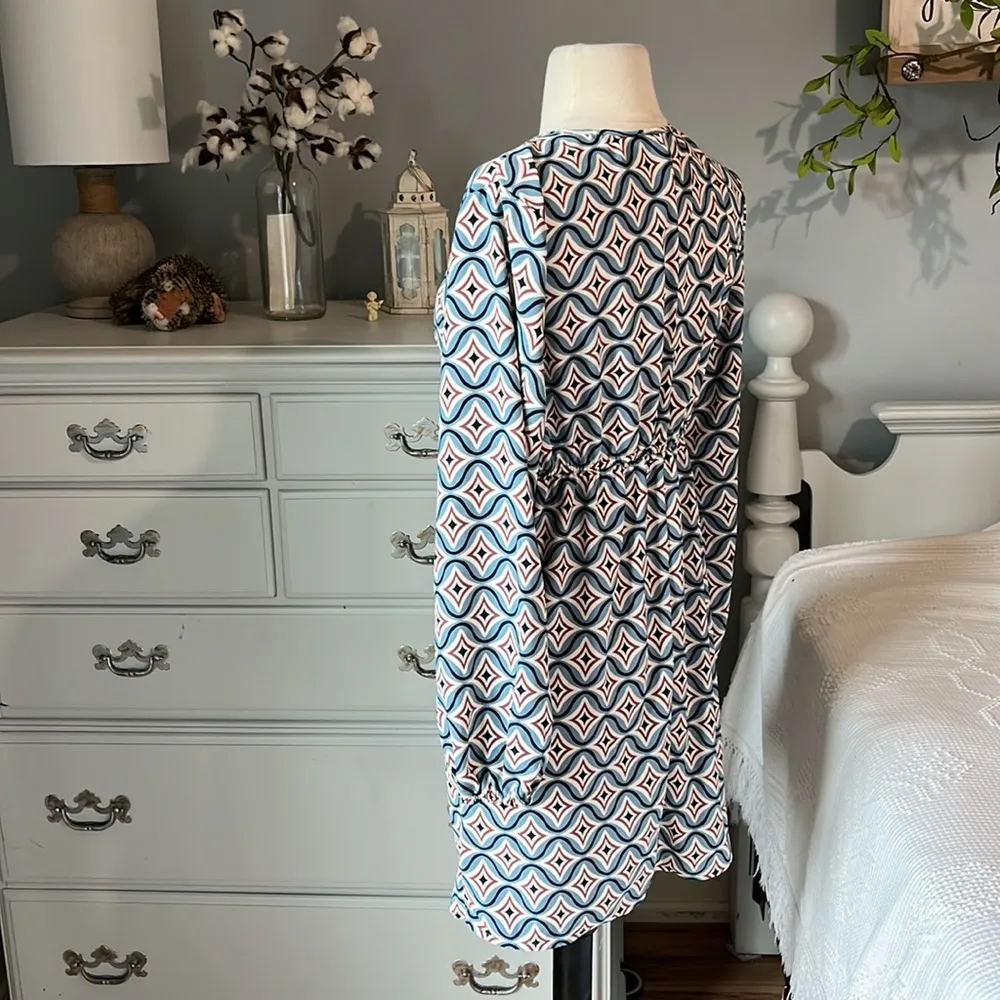 As U Wish Long Sleeve O Ring Dress Silky Blue Navy Mauve Print Womens Small New - Image 8