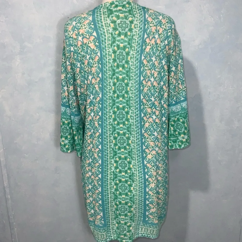 Chico’s Elbow Bell Sleeve Teal & Peach Tile Print Open Front Sweater Cardigan L - Image 8