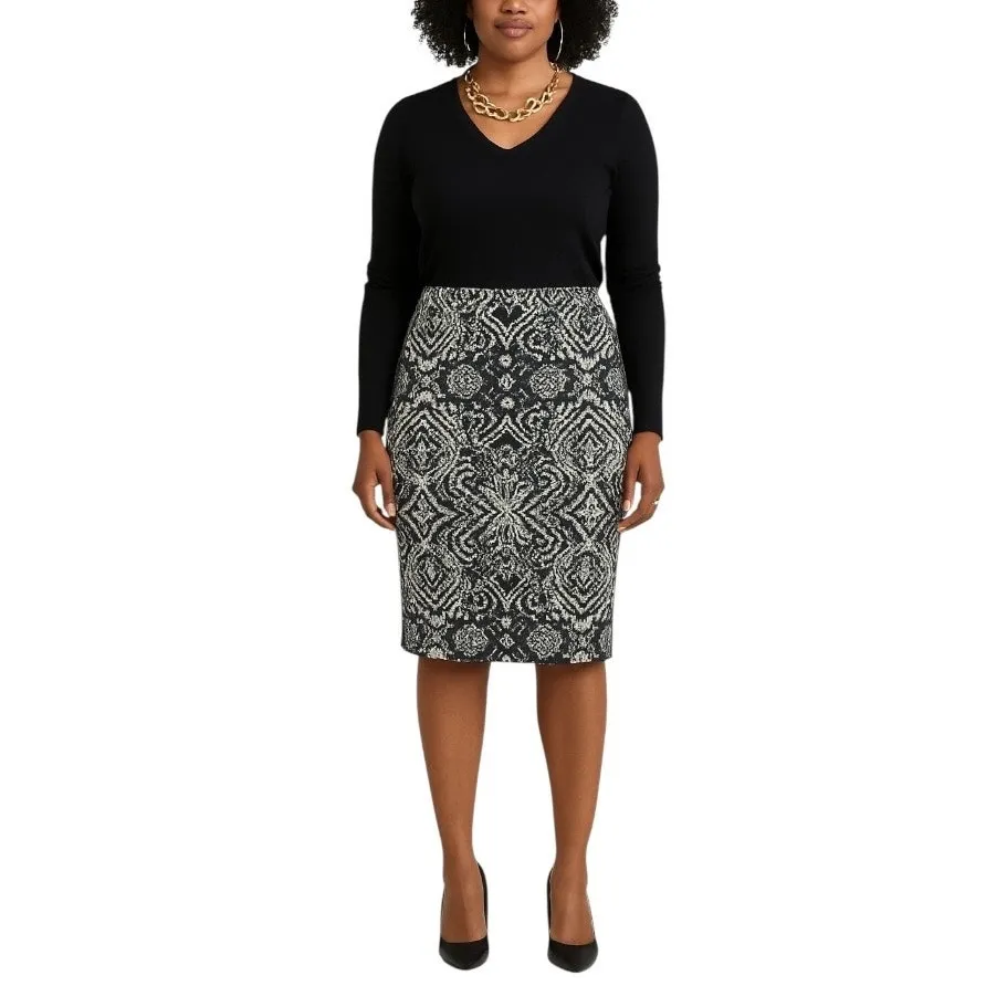 Roz & Ali Dressbarn Pencil Skirt Black Cream Baroque Textured Women’s Size Large - Image 2
