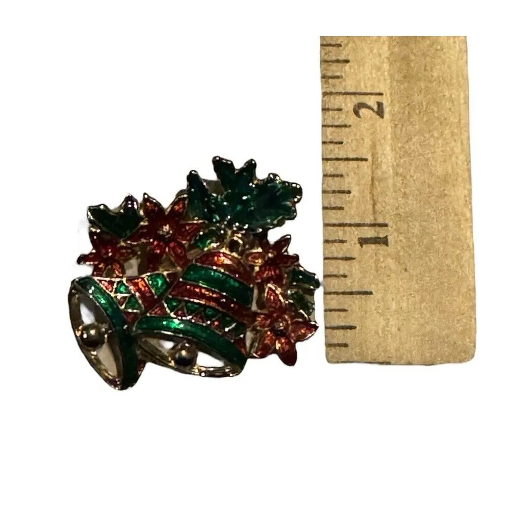 Christmas Brooch Pin Bells Poinsettia Holiday Red Green Jewelry New Years Party - Image 5