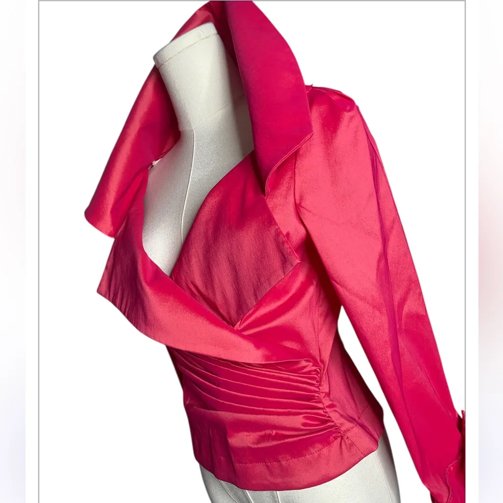 Tadashi Hot Pink Satin Draped Wrap Blouse Top - Dramatic Collar - Size
10 - Image 3