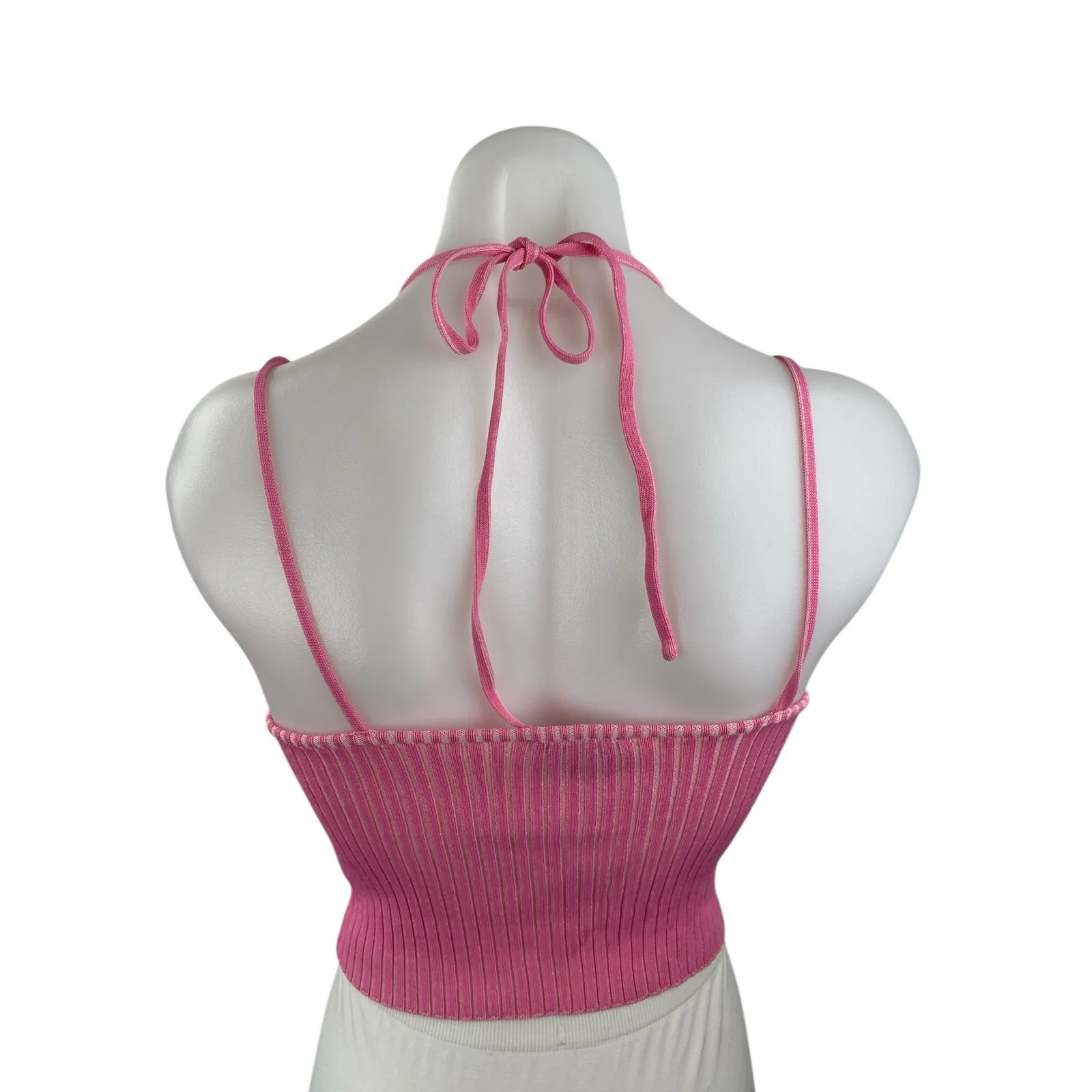 Geel Women's Pink Ribbed Knit Strappy Halter V Neck Cami Tank Crop Top Size M Size M - Image 4