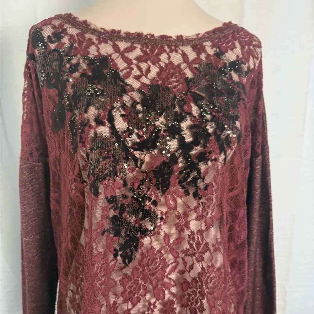 Miss Me Burgundy Lace Blouse with Black Floral Accents - Image 2
