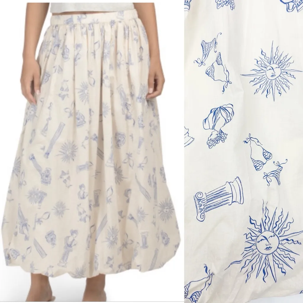 Lucky Brand Bubble Cotton Poplin Maxi Skirt Greece Travel Vacation Print Ecru - Image 2
