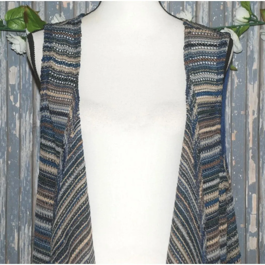 Umgee Striped Cardigan Open Knit Sweater Vest S/M Boho Long Fringe Hem Festival - Image 2
