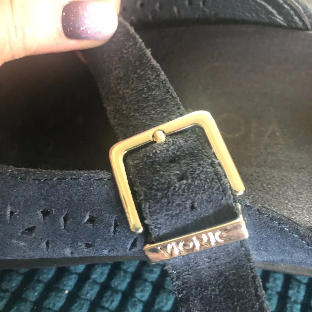 Lydia Laser Cut Mary Jane Slip On Slide Sz. 10 Navy Blue Suede Leather - Image 9