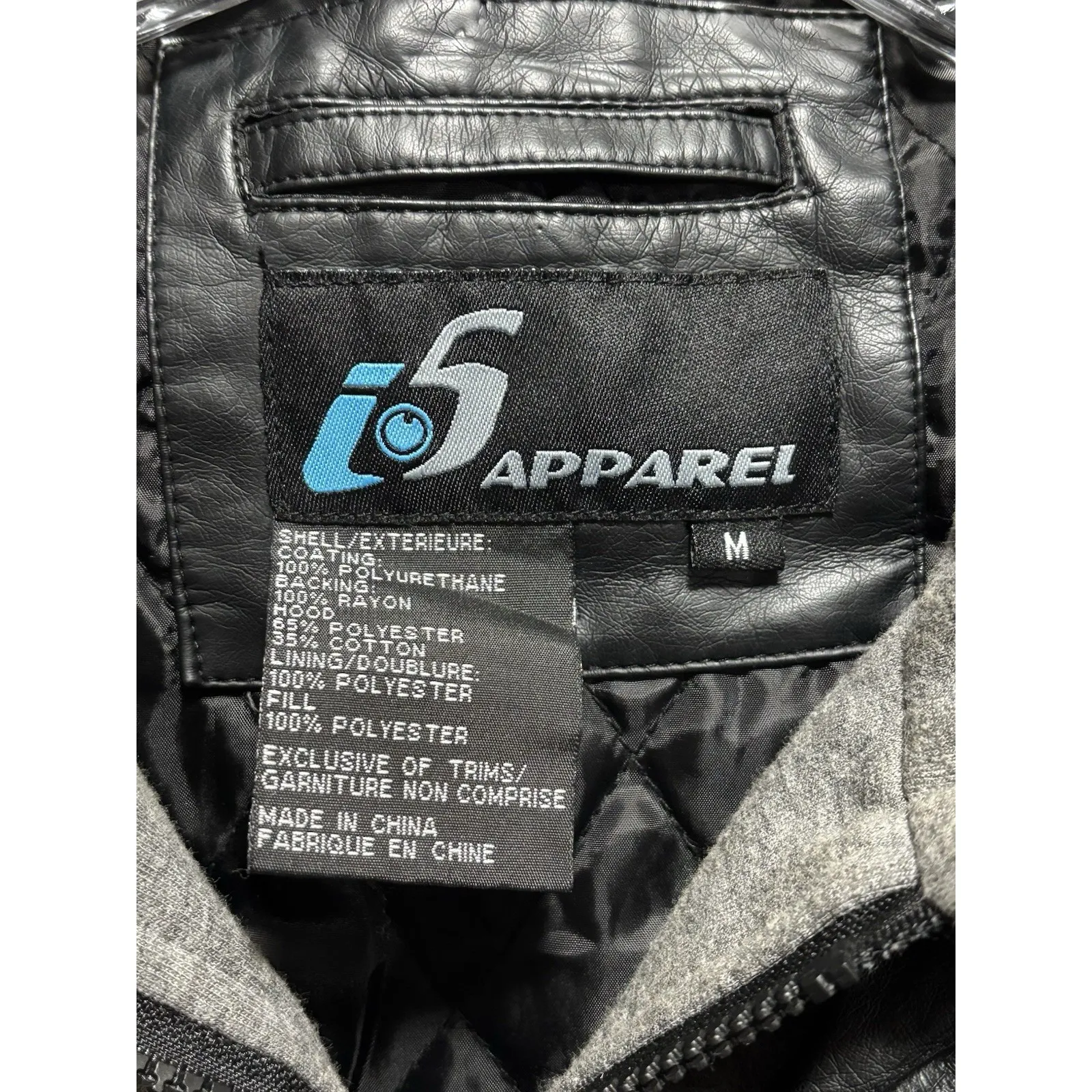 I.5 Apparel Black Faux Leather Biker Zip Up Jacket Size M Hood Zip Pockets Lined Size M - Image 3