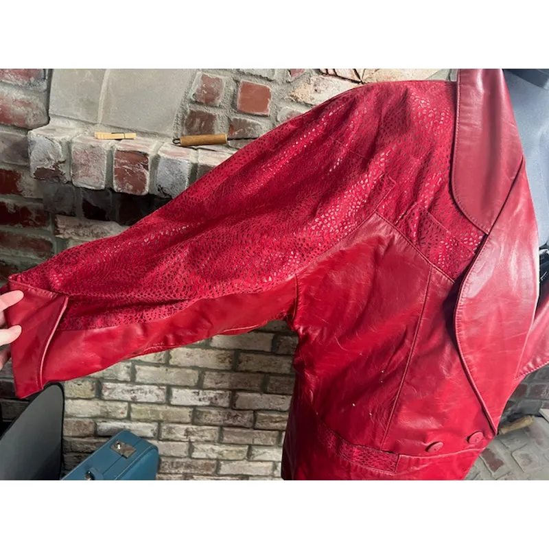 leather Jacket oversized snakeskin suede red shoulder pads Size XL - Image 3