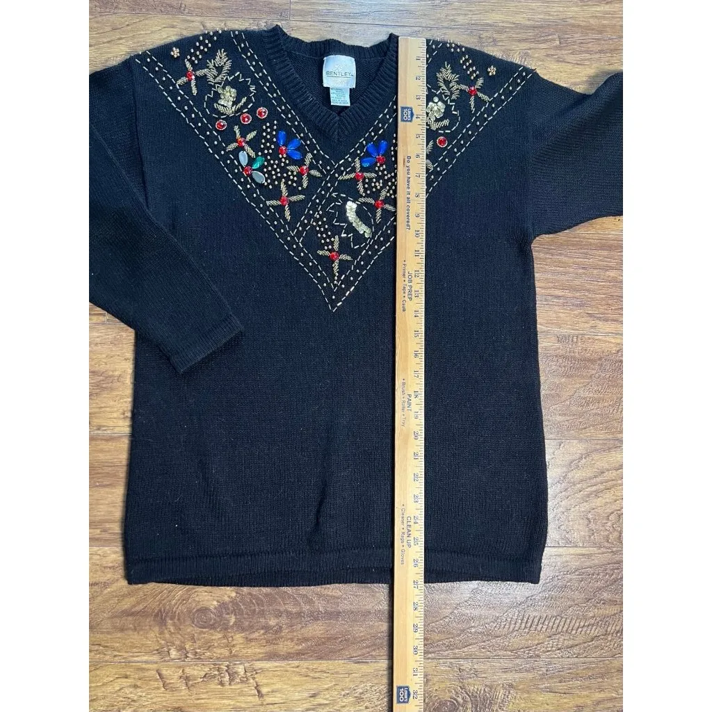Vtg 80s Sweater Black Embellished Beaded Jewels Sequin Shoulder Pads M Size M - Image 4