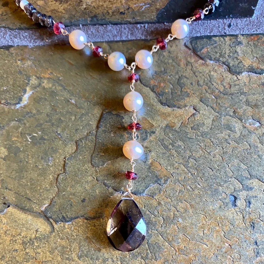 Zoe B 14K Smokey Topaz Garnet & Cultured Pearl Necklace - Image 4