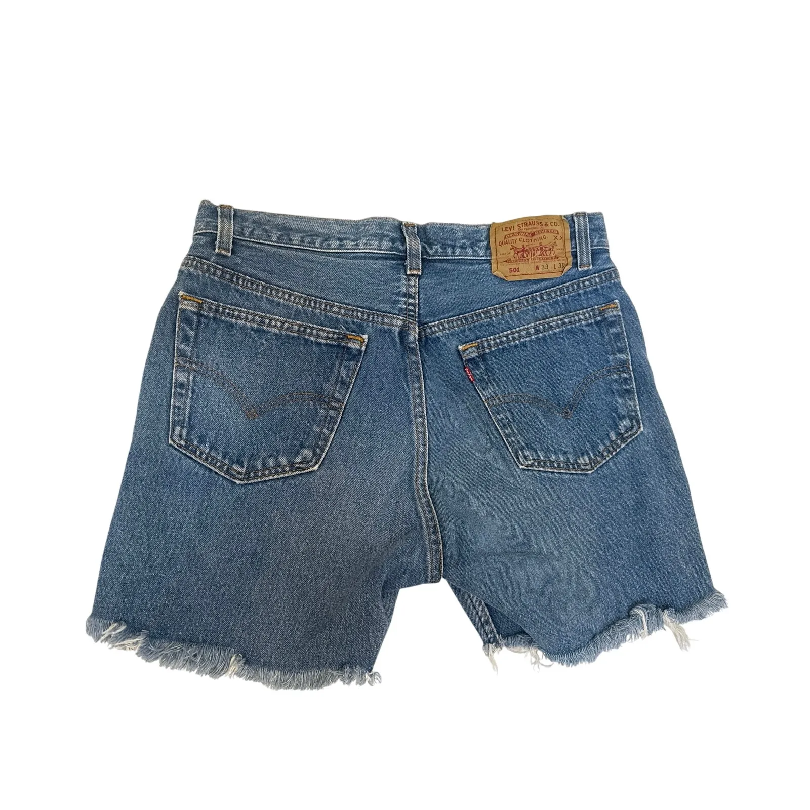 Levi’s 501 Button Fly Raw Hem Blue Jean Shorts Sz 33 Cotton USA Casual Classic - Image 4