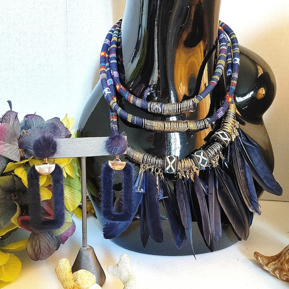 Tribal Boho Blue Feather Statement Necklace Set - Image 6