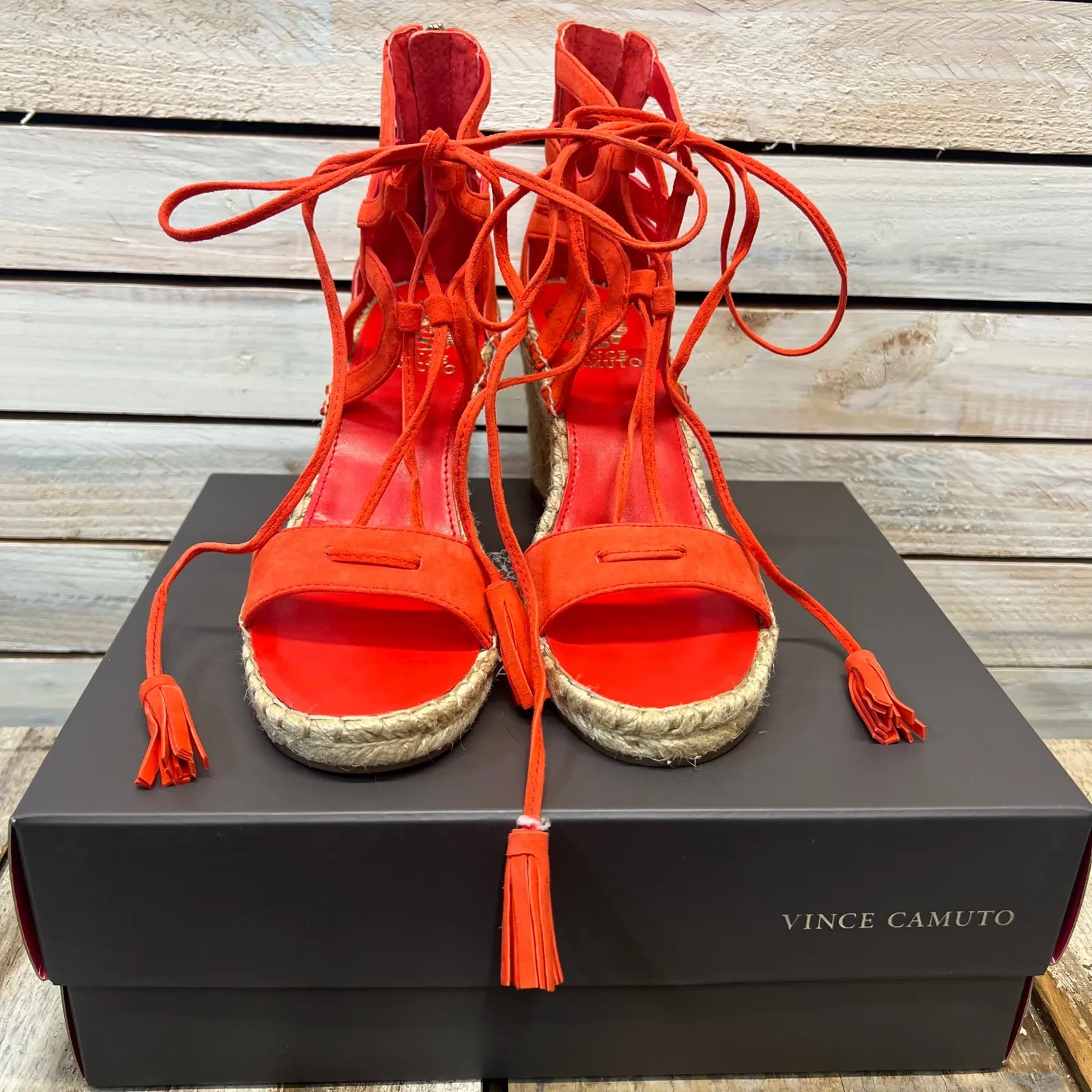 Vince Camuto VC Tannon Blood Orange Suede Lace Up Espadrille Wedge Sandals 8.5 - Image 3