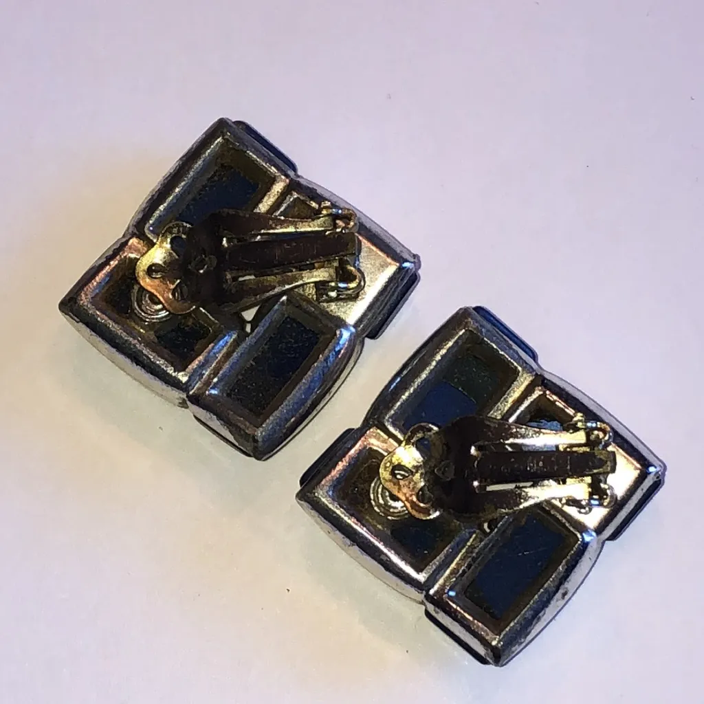 Lisner Vintage Thermoset Navy Blue and Silver Tone Retro Boho Geometric Earrings - Image 4