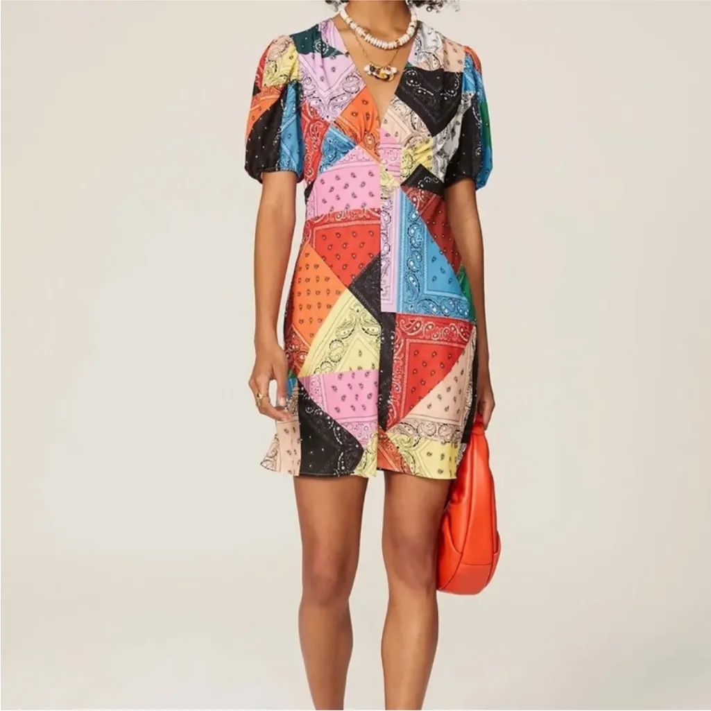 STAUD Multicolor Patchwork Mini Dress EUC Pink Size 4 - Image 3