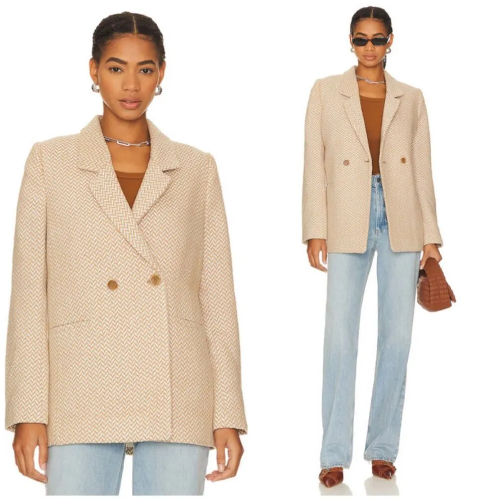 💕ANINE BING💕 Tweed Double Breasted Fishbone Blazer ~ Tan & Cream XL - Image 9