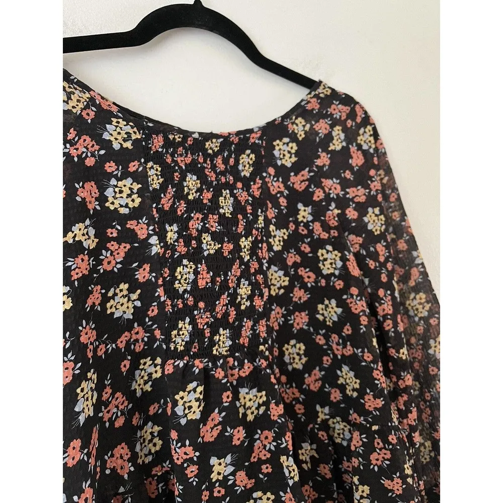 Free People Black Floral Smocked Long Sleeve Tunic Mini Dress Size Small - Image 3