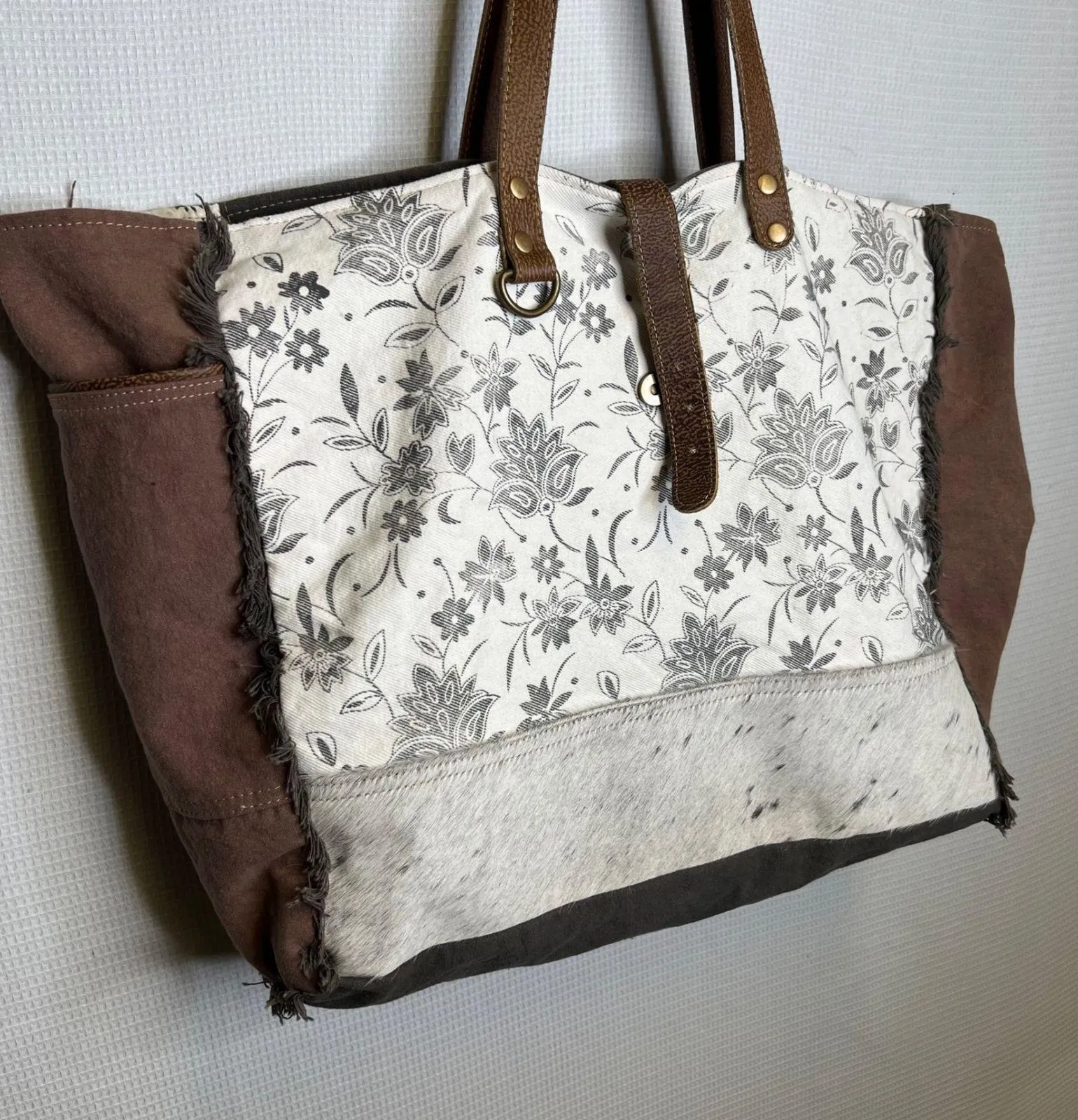 Myra Bag Floral Cowhide Leather Trimmed Canvas Tote Bag Womens Shoulder Bag Brown - Image 2