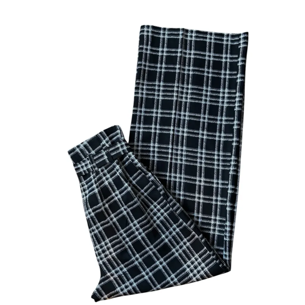 Express High Rise Wide Leg Belted Pant Black White Check Sz 4R Palazoo Casual - Image 2