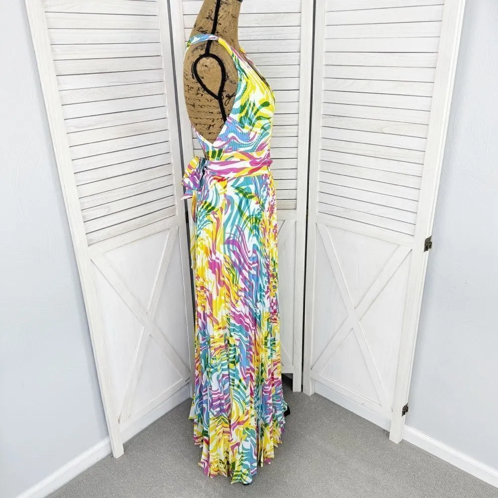 Milly Oria Waves of Zerbra Pleated Halter Maxi Dress Yellow Pink Multi Size 4 - Image 5