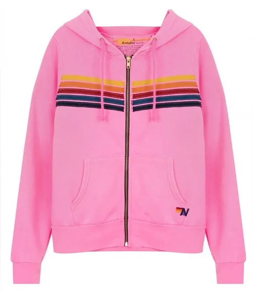 Aviator Nation 5 Stripe Hoodie in Heather Pink Rainbow Stripe Size Medium READ - Image 1
