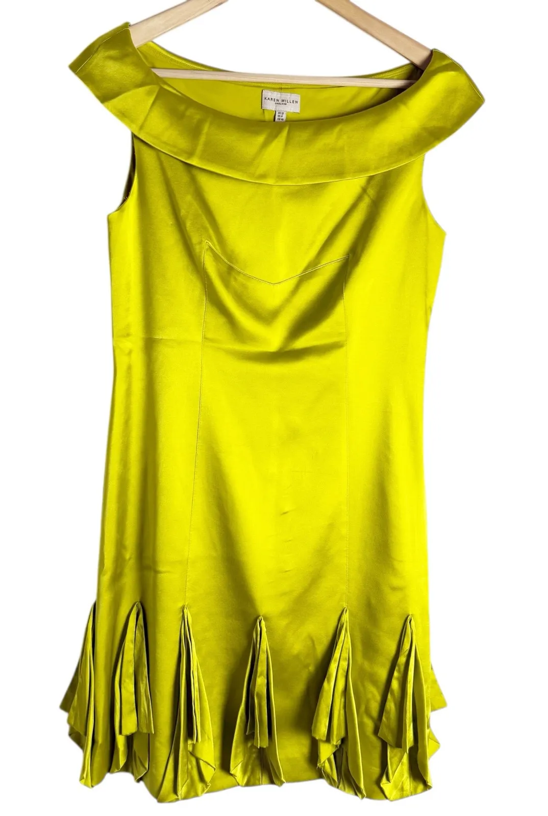 Karen Millen Chartreuse Lime Godet Hem Off the Shoulder Silk Mini Cocktail Dress - Image 1
