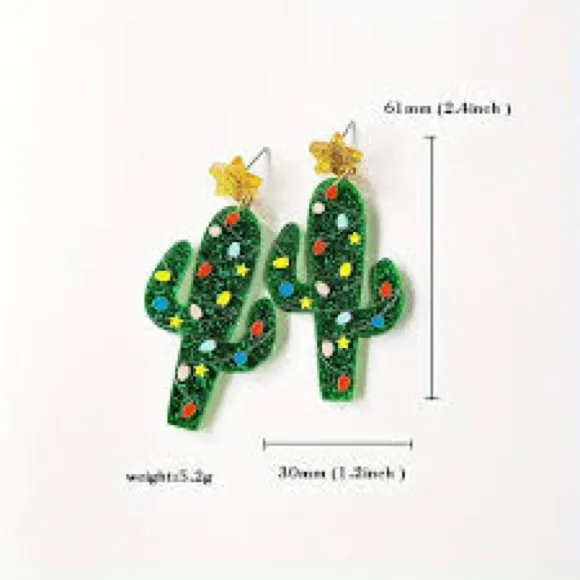 Glitter Christmas Cactus Acrylic Earrings with Star Topper Green - Image 7