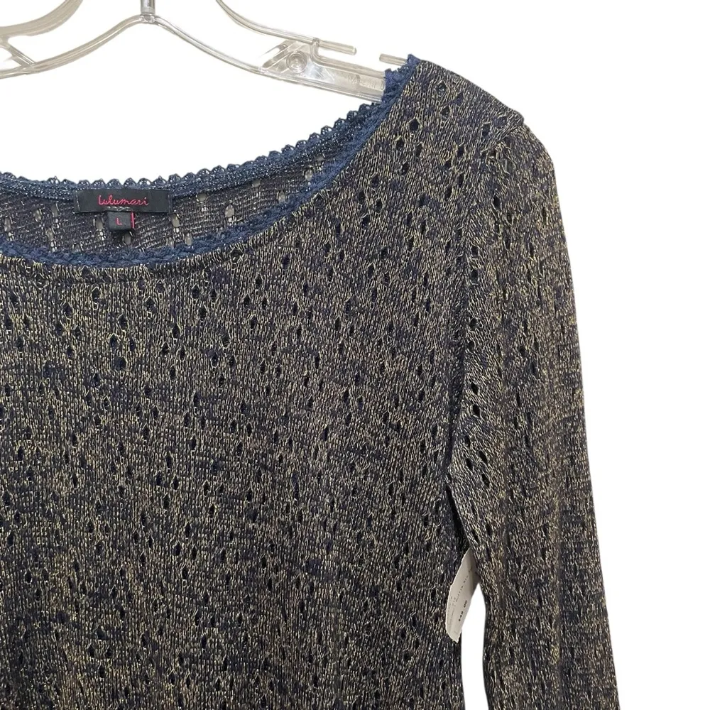 Lulumari Ruffle Sleeve Top Navy Metallic Women’s  Size Large NWT - Image 4