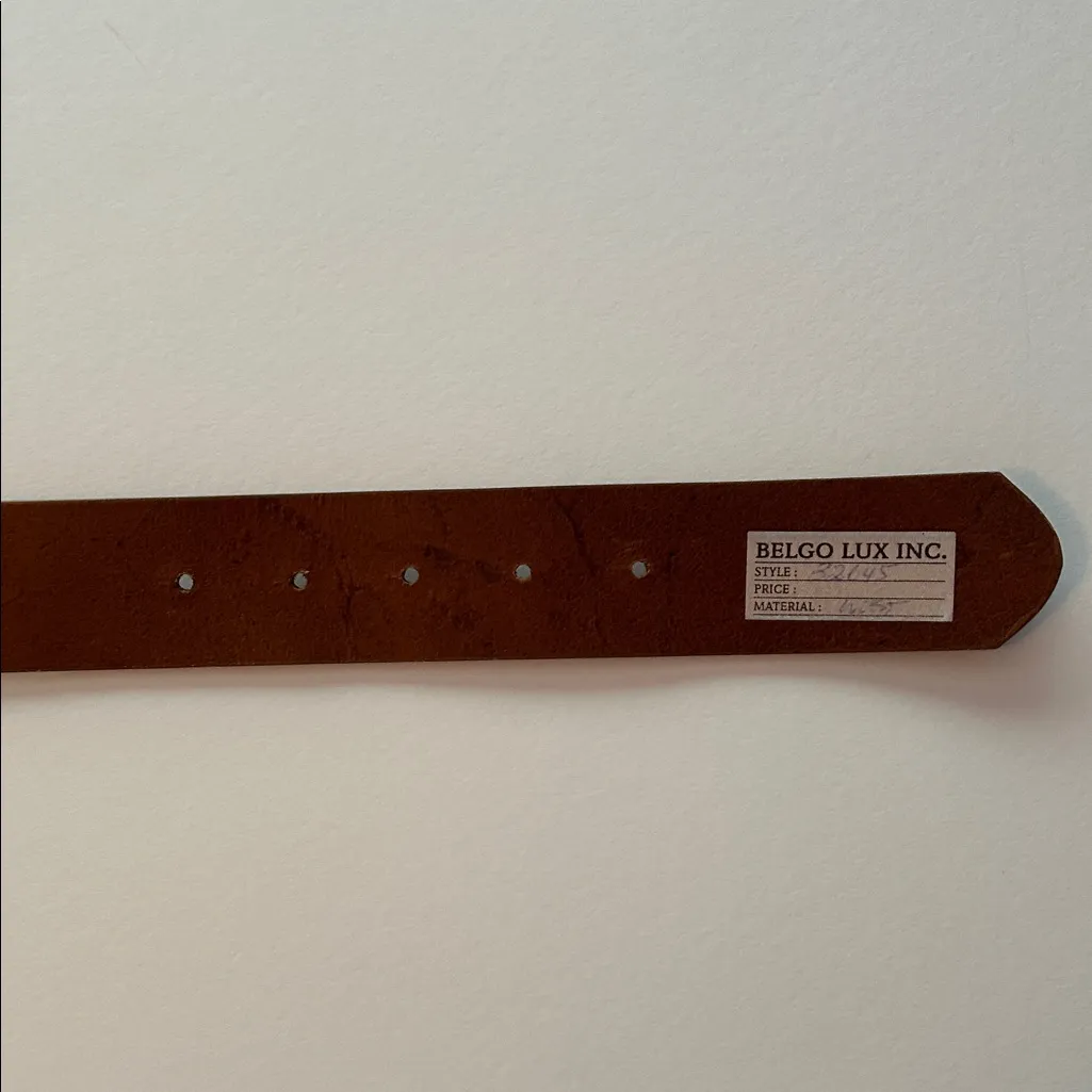 Belgo Lux Brown Leather Belt with Italian Silvertone large square flower buckle Size M - Image 8