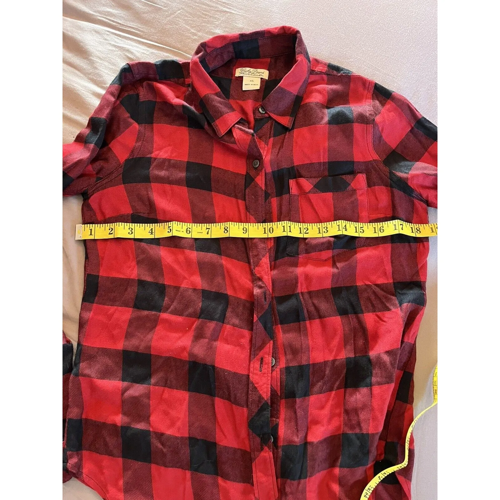 Lucky Brand Women Sz XS Top Red Plaid Button-Back Flannel Shirt Tab Sleeve - Image 6