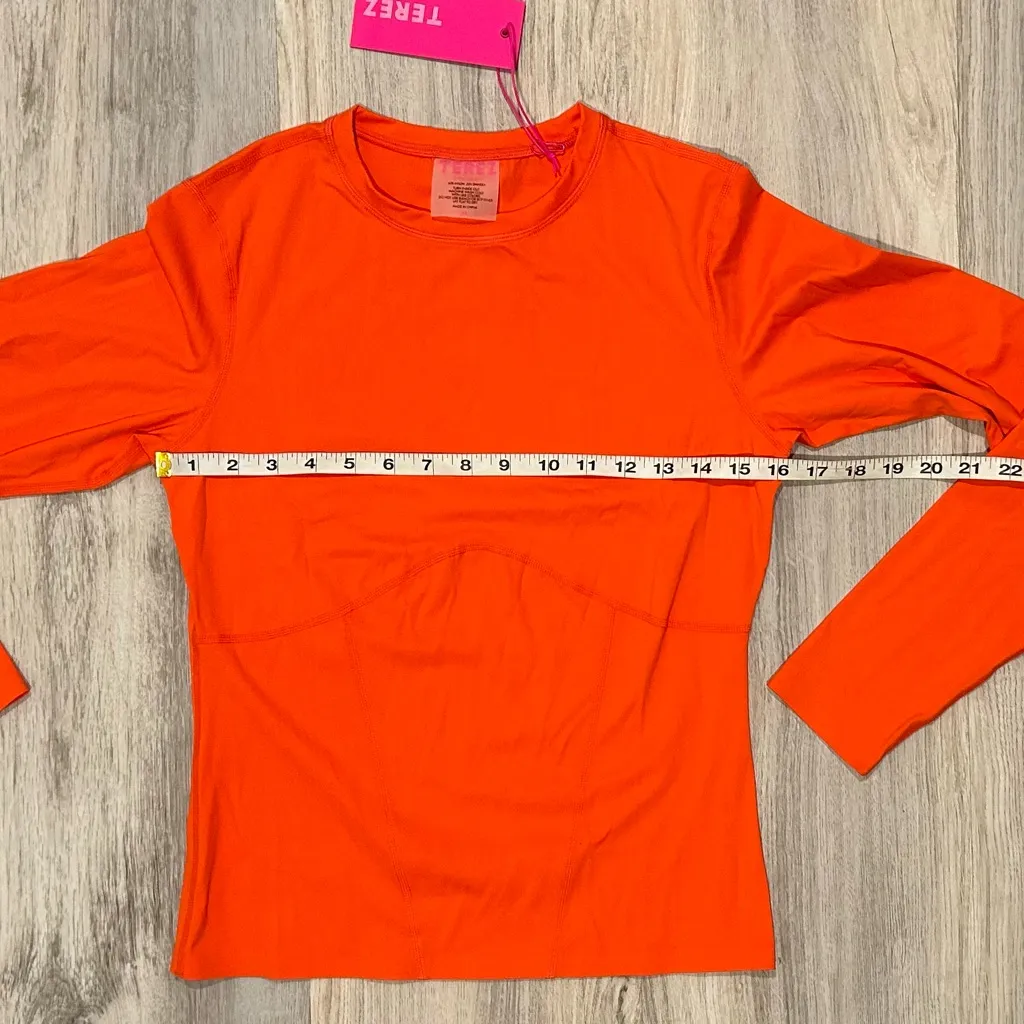 NWT Terez Round Neck Long Sleeve Activewear Shirt Hazard Orange Nylon Top Size M - Image 3