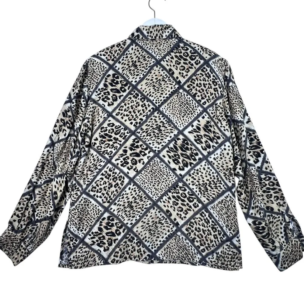 VTG Corey B Silk Leopard Print Blouse Top 4 Long Sleeve Button Down Animal Print Tan - Image 3