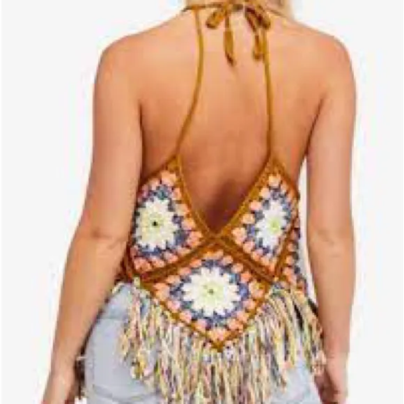 Free People Summer of Love crochet halter top with fringe size M/L - Image 2