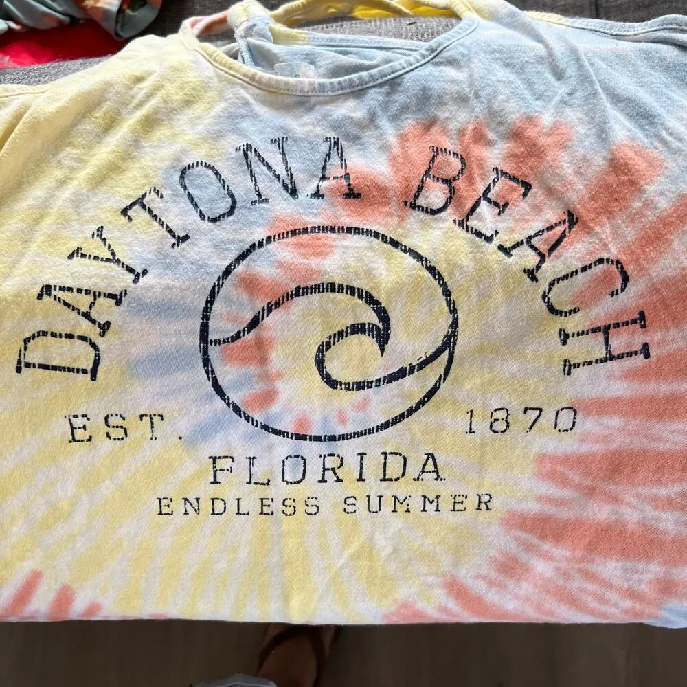 DAYTONA BEACH Sz S Racer Back Tank Tie Dye Back Knot Summer Festival Florida Yellow - Image 2