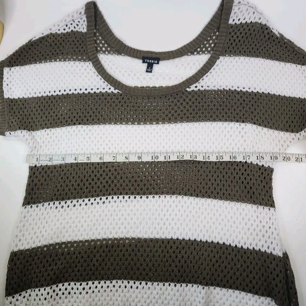 Torrid Green White Striped Dolman Open Weave Blouse Knit Crochet Sweater Top 1X - Image 6