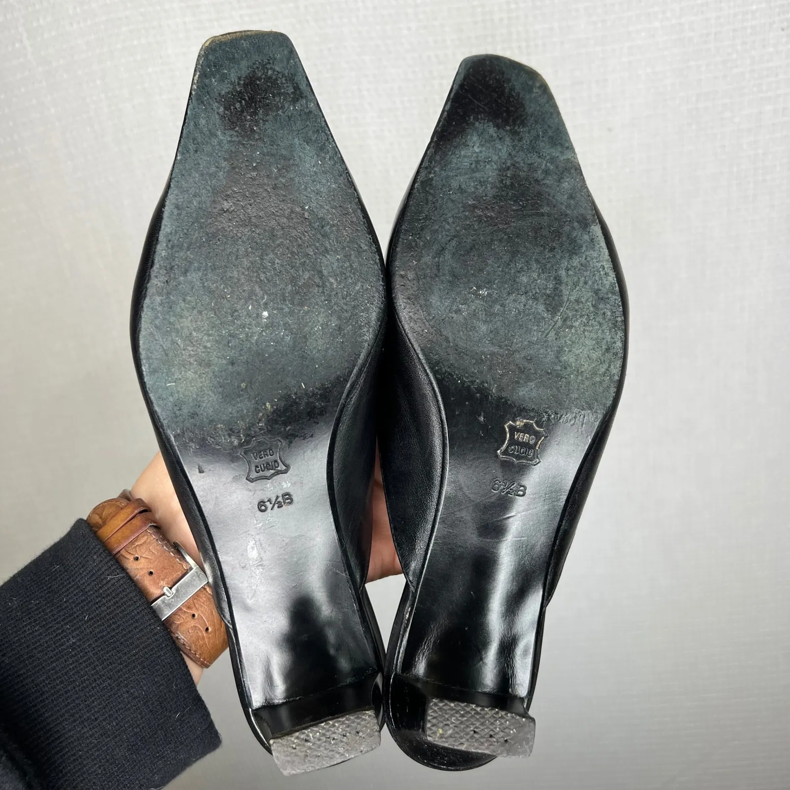 Talbots Leather Vintage Mules Size 6.5 Black Bamboo Detail Heel Square Toe Shoes - Image 5