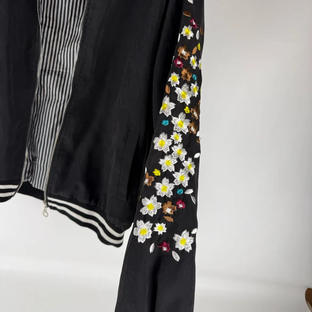 Floral Embroidered Black Bomber Jacket Size XS - Image 3