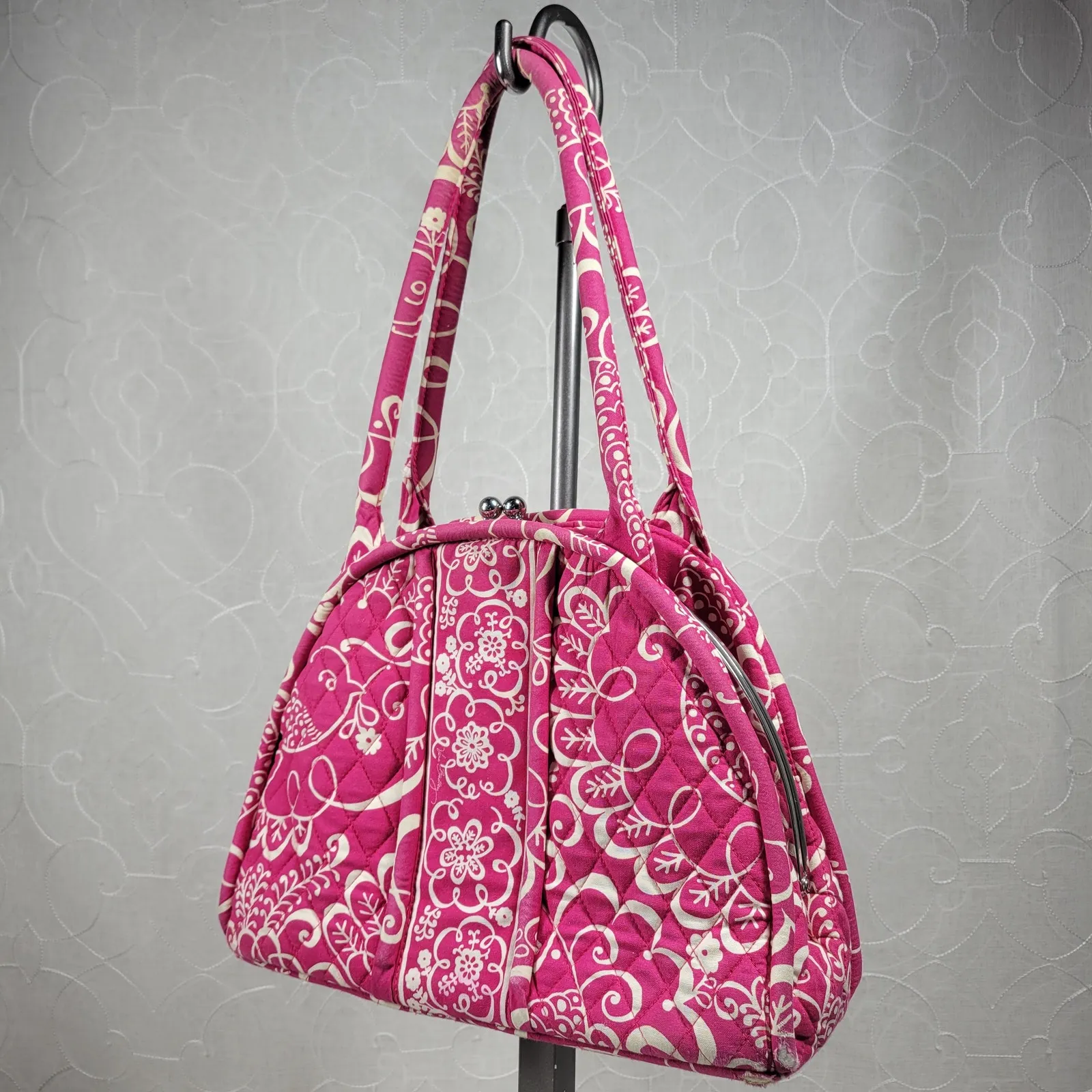 VTG Vera Bradley Eloise Bag Large Barbie Hot‎ Pink Kiss Lock Dome Shoulder Purse - Image 9