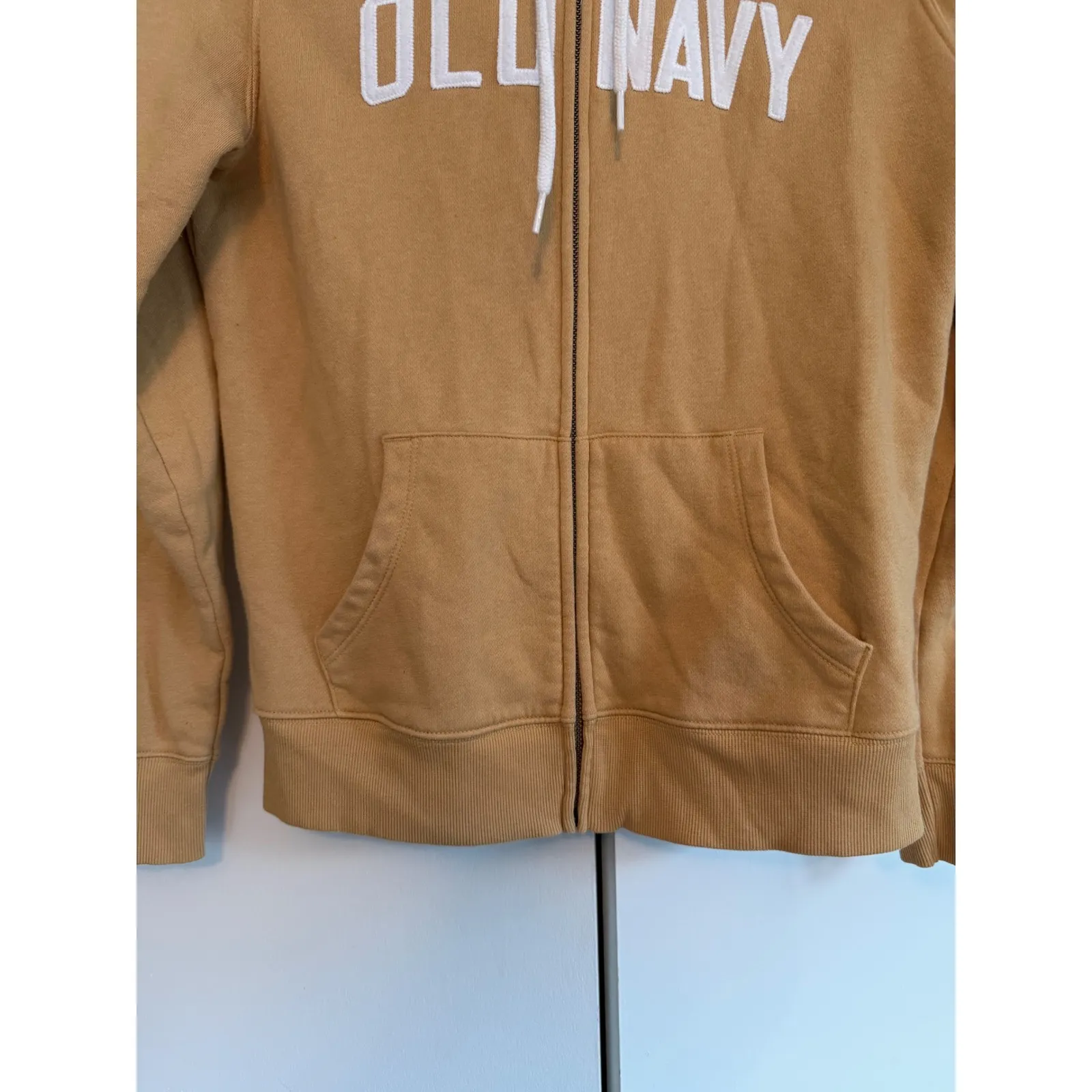 Old Navy Women‎ S Mustard Yellow Zip Up Hoodie Fleece Lined Logo Size S - Image 3