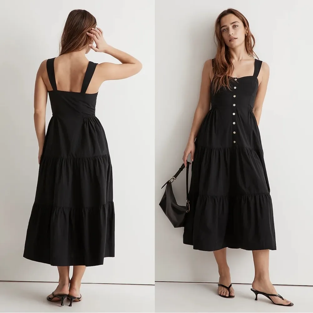 Madewell • Suzette Button-Front Tiered Midi Dress black cotton poplin sundress - Image 10