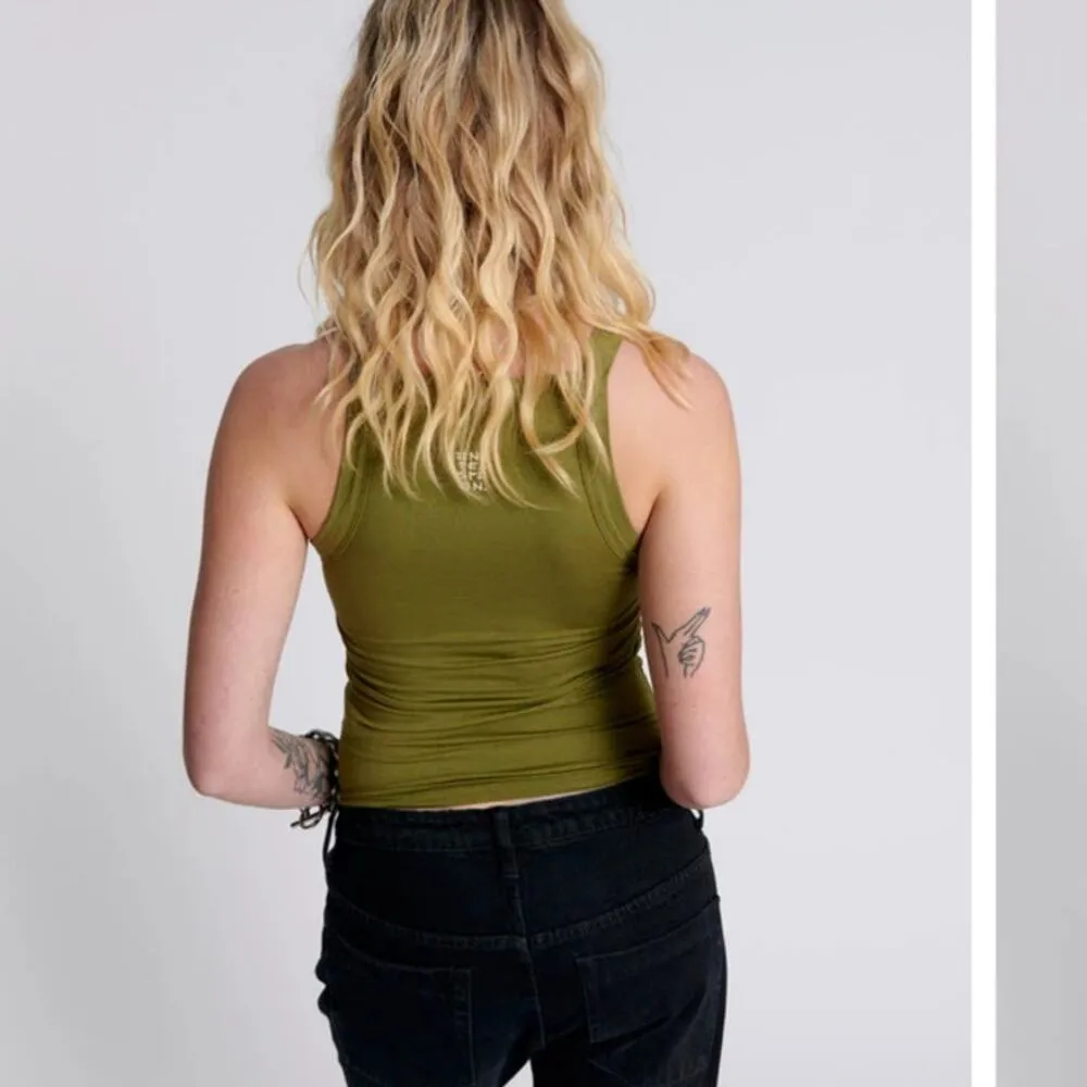 ONE TEASPOON Worn Khaki Olive Green Miami Bamboo Logo Tank Top Size Medium NWT - Image 2