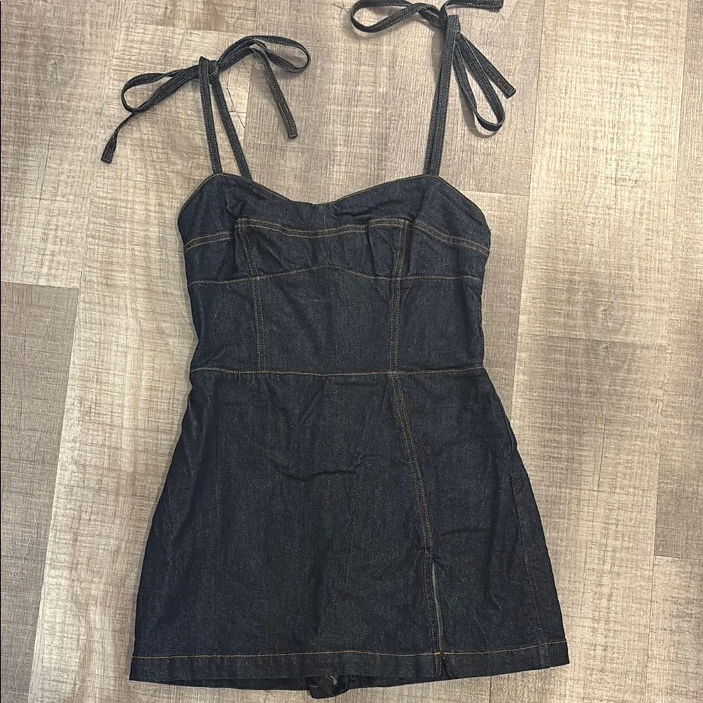 Dark Blue Denim Romper with Tie Straps - Image 2