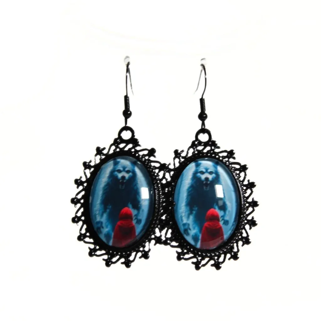 Werewolf Red Riding Hood Earrings Black Metal Cameo Dark Fairytale Gothic - Image 2
