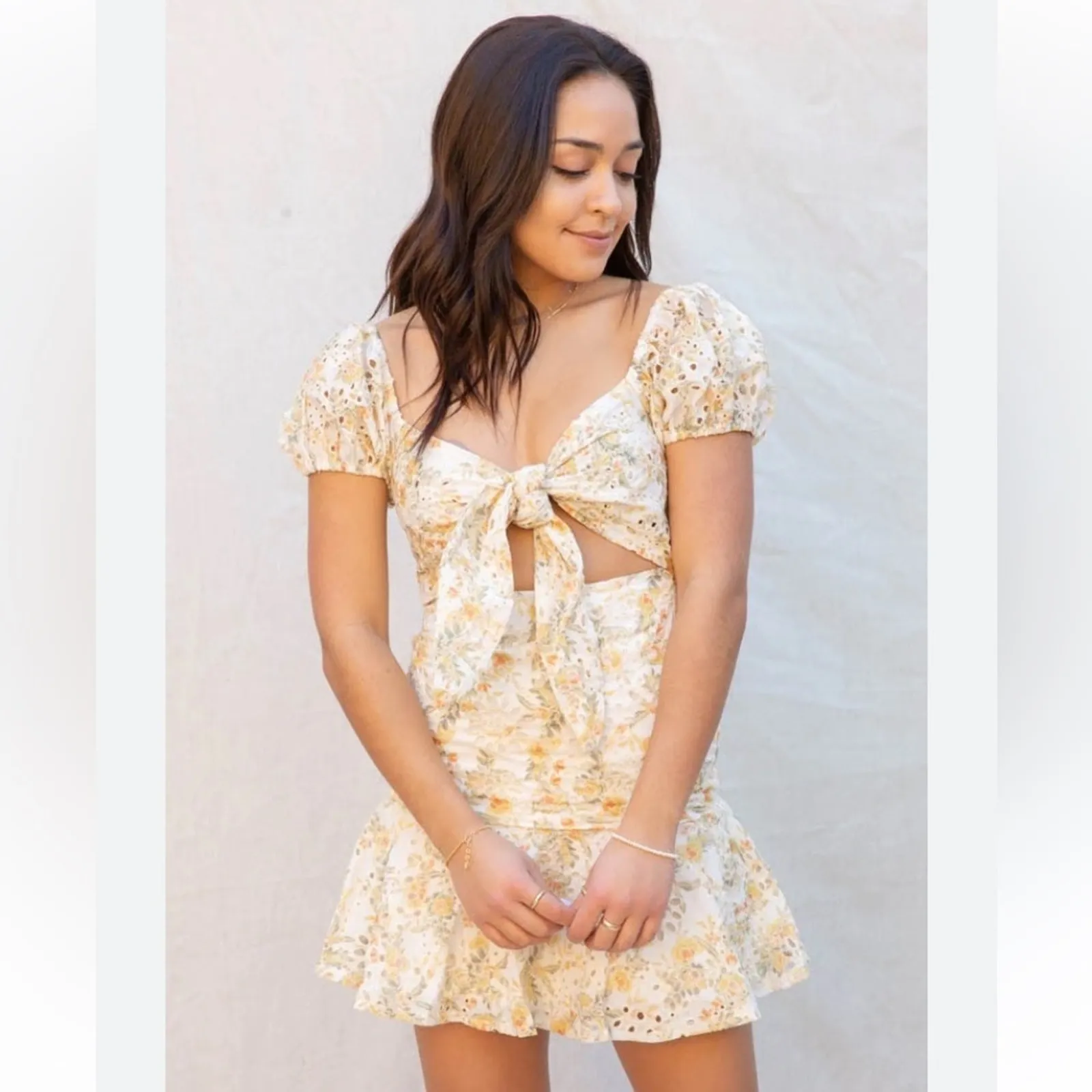 En Saison Floral Eyelet Mini Dress Puff Sleeve Cottagecore XS Yellow - Image 3
