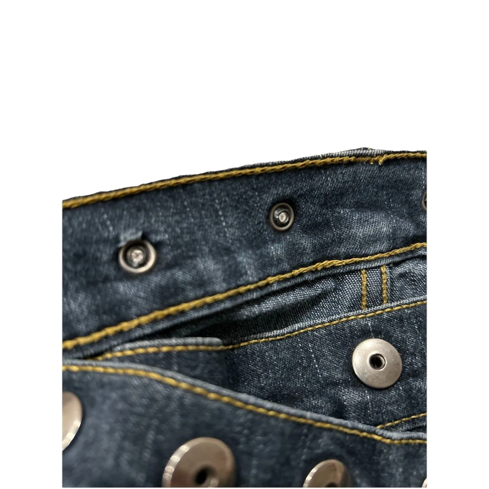 Women’s Low Rise 90’s Y2K Studded Crossover Waistband Flare Dark Jeans Sz 31 / 9 - Image 9