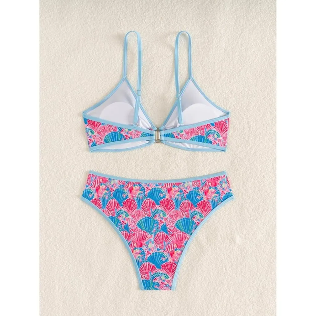 Women's XS Junior Triangle Bikini O Ring Colorful Two-Piece Swimsuit Fan Floral - Image 5